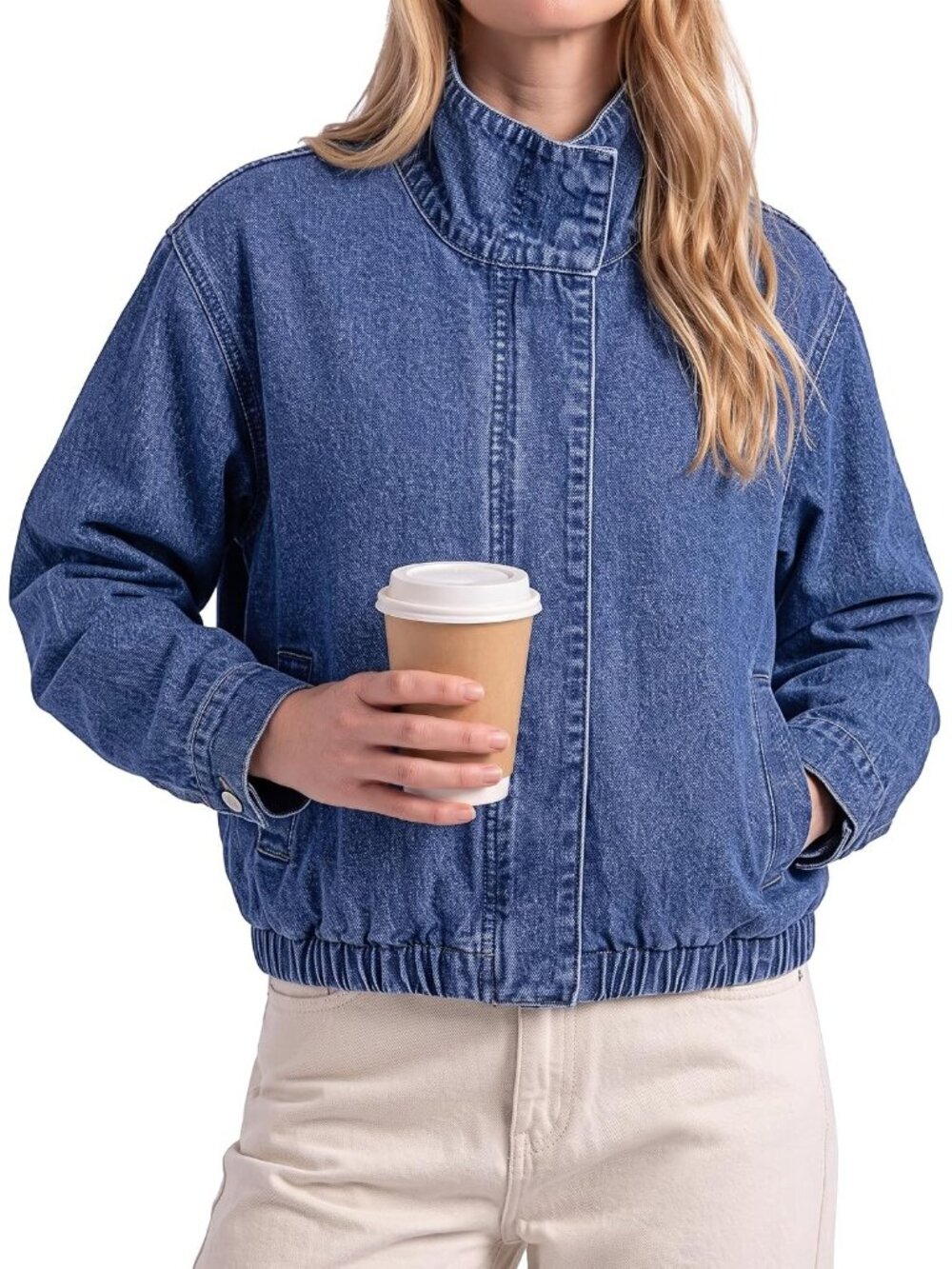 Women Blue Funnel Neck Zip Up Oversized Side Slant Pockets Drop Shoulder Jacket